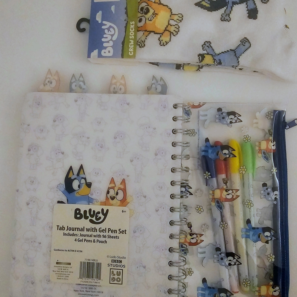 Bluey, Bingo, Muffin Journal Notebook With Gel Pens,Case, and Socks Gift Set NWT - Picture 2 of 4